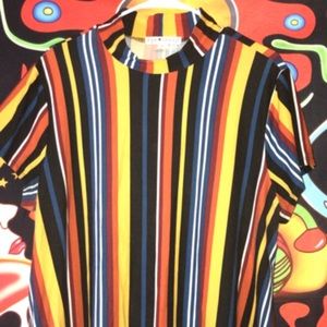 Orange, yellow, black, white, blue, and red striped retro themed shirt.